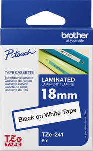 Ptouch Tze 18: TZe-241 Brother 18mm x 8m Black on White Adhesive Laminated Tape