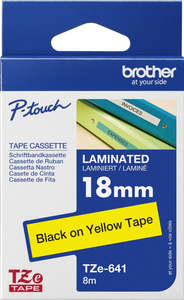 Ptouch Tze 18: TZe-641 Brother 18mm x 8m Black on Yellow Adhesive Laminated Tape