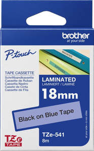 Ptouch Tze 18: TZe-541 Brother 18mm x 8m Black on Blue Adhesive Laminated Tape