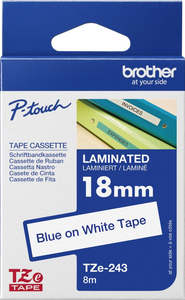 TZe-243 Brother 18mm x 8m Blue on White Adhesive Laminated Tape