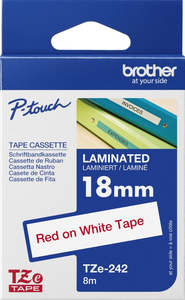 TZe-242 Brother 18mm x 8m Red on White Adhesive Laminated Tape