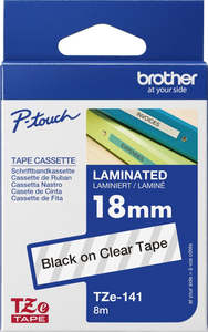 Ptouch Tze 18: TZe-141 Brother 18mm x 8m Black on Clear Adhesive Laminated Tape