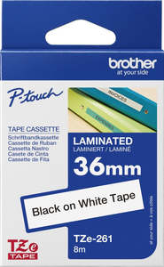 Ptouch Tze 36: TZe-261 Brother 36mm x 8m Black on White Adhesive Laminated Tape