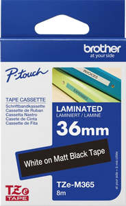 TZe-M365 Brother 36mm x 8m White on Black Matt Adhesive Lamianted Tape
