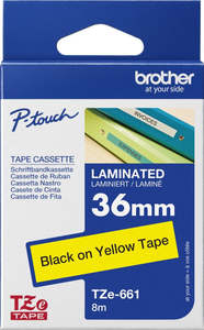 TZe-661 Brother 36mm x 8m Black on Yellow Adhesive Laminated Tape
