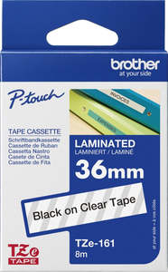 Ptouch Tze 36: TZe-161 Brother 36mm x 8m Black on Clear Adhesive Laminated Tape