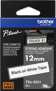 Brother P Touch Labels Tze 6 9 12mm: TZe-S231 Brother 12mm x 8m Black on White Strong Adhesive Laminated Tape