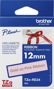 Brother P Touch Labels Tze 6 9 12mm: TZe-RE34 Brother 12mm x 4m Gold on Pink Ribbon