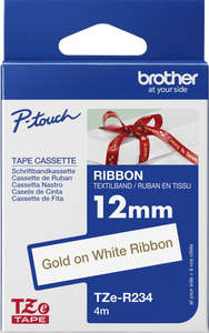 Brother P Touch Labels Tze 6 9 12mm: TZe-R234 Brother 12mm x 4m Gold on White Ribbon