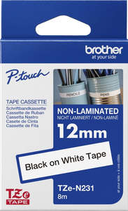 Brother P Touch Labels Tze 6 9 12mm: TZe-N231 Brother 12mm x 8m Black on White Adhesive Non Laminated Tape