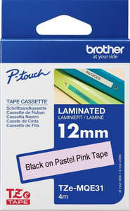 TZe-MQE31 Brother 12mm x 4m Black on Pastel Pink Laminated Tape