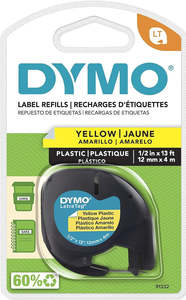 Dymo Labels Tapes: 91332 Dymo 12mm x 4m LetraTag Plastic Tape Black on Yellow