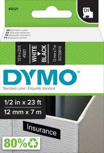 S0720610 Dymo D1 12mm x 7m Label Tape White on Black (45021)
