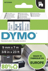 S0720690 Dymo D1 9mm x 7m Tape Blue on White (40914)