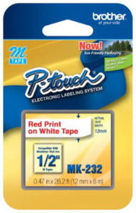 Mk Tape: MK232 Brother P-Touch 12mm Tape Red on White