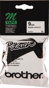 MK221 Brother P-Touch 9mm Plastic Tape Black on White