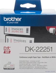 Continuous Label Tape: DK22251 Brother 62mm Continuous Length Paper Label Tape Black and Red on White