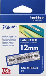 Brother P Touch Labels Tze 6 9 12mm: TZe-MPSL31 Brother 12mm x 4m Black on Silver Lace Patterned Adhesive Laminated Tape