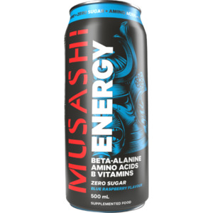 Energy Drinks: Musashi Zero Sugar Blue Raspberry Flavour Energy Drink 12 x 500ml