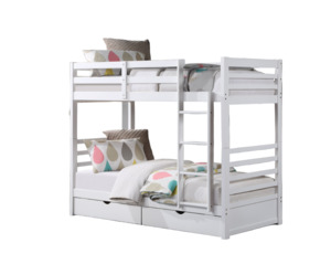 Beds: Wooden Bunk (S+S) White with 2 Bottom Drws