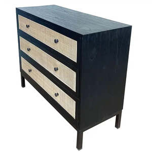 Dressers: Cardrona Commode 3 Drawer – Rustic Black & Rattan
