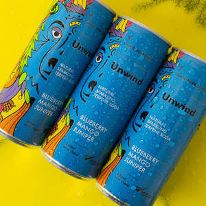 Products: UnWind Soda Non-Alcoholic Terpene Blueberry Mango Drink