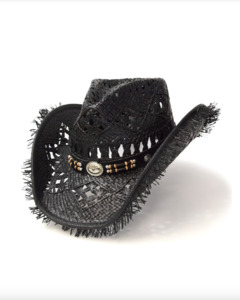 Cowboy Hats: Straw Western Pinch Front Hat with Frayed Brim BLACK