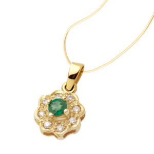 Emerald: Emerald & Diamond Flower Pendant in 9ct Yellow Gold