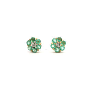Emerald & Diamond 9ct Yellow Gold Emerald and Diamond Cluster Stud Earrings