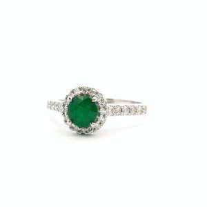 Emerald: Emerald Ring - 18ct White Gold 0.56ct Round Emerald & Diamond Halo Ring