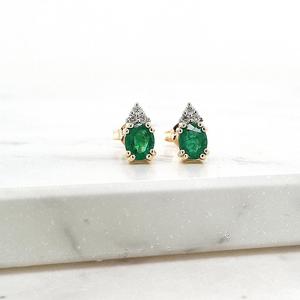 Emerald: Emerald & Diamond 9k Yellow Gold Stud Earrings