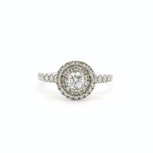 18ct white gold Diamond double halo ring with diamond set shoulders