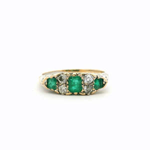 Estate 18ct Yellow Gold Emerald and Diamond Bridge Set Ring