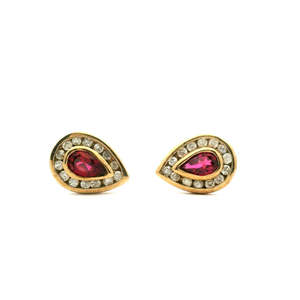 Estate 9ct Yellow Gold Synthetic Ruby & Diamond Halo Tear Drop Stud Earrings