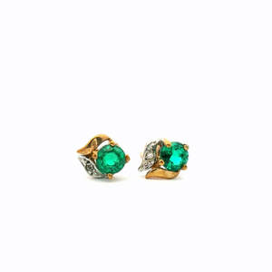 Estate Earrings: Estate 9ct Yellow Gold Biron Emerald & Diamond Stud Earrings