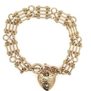 Estate Bracelets: Estate 9ct Yellow Gold Fancy 4 Bar Gate with Love Heart Padlock and Safety Chain Bracelet 17cm