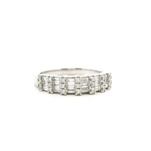 Diamond Dress Rings: 18ct White Gold 0.44ct Baguette & Round Claw Set Diamond Three Row Band Ring