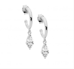 Ellani: Ellani Sterling Silver 13mm Hoop Earrings with CZ Drop