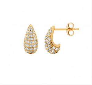 Ellani Gold Plated CZ Pave 12mm Tear Drop Stud Earrings
