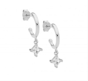 Ellani Sterling Silver 13mm Princess Cut CZ Drop Hoop Earrings