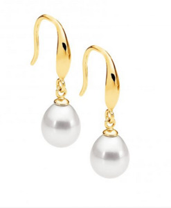 Ellani Gold Plated Shepherds Hook Freshwater Pearl Drop Earrings