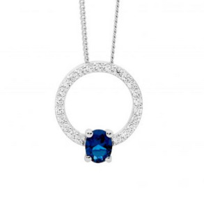 Ellani Necklaces: Ellani Sterling Silver White Cubic Zirconia & Oval London Blue 13mm Open Circle Pendant Necklace Necklace Length: 45cm
