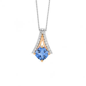 Ellani Necklaces: Ellani Sterling Silver and Rose Gold Plated CZ Cushion Cut Spinel Open V Pendant Necklace