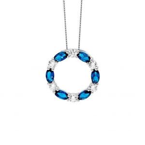 Ellani Necklaces: Ellani Sterling Silver White Round & London Blue Oval Cubic Zirconia 19mm Circle Pendant Necklace