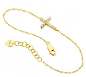 Ellani Bracelets: Ellani Sterling Silver Yellow Gold Plated CZ Small Cross Bracelet with Extension Chain