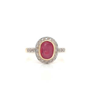 Ruby & Diamond 9k Yellow Gold Bezel Set Halo RIng