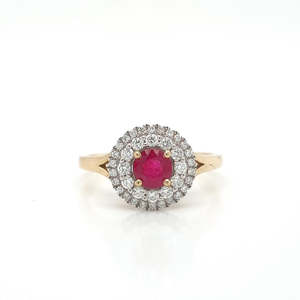 Coloured Stone Engagement Ring: Ruby & Diamond 9k Yellow Gold Double Halo Ring