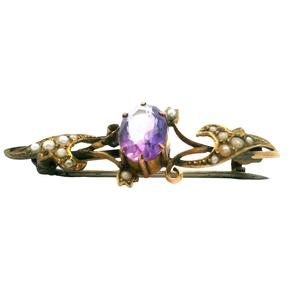 Estate Brooch: Estate 9ct Yellow Gold Amethyst & Seed Pearl Brooch