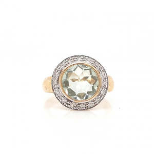 Green Amethyst & Diamond 9k Yellow Gold Halo Ring