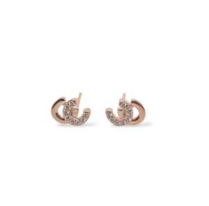 Equestrian Jewellery: Sterling Silver Rose Gold Plated Equestrian Double Horse Shoe Stud Earrings with CZ